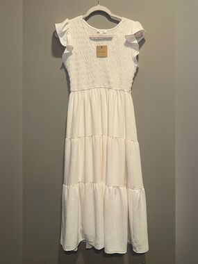 Blu Pepper Cream Smocked Tiered Dress with Ruffle Sleeves